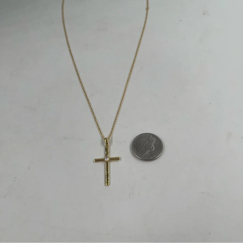 20” Sterling Silver 925 Chain Gold Tone Cross Tiny Crystal Gem Pendant Necklace